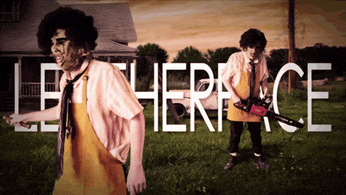 a man in a leatherface costume is holding a chainsaw in a field
