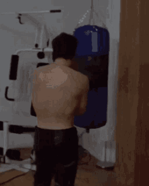 a shirtless man is standing in front of a punching bag in a room .