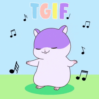 a purple and white hamster is dancing in a field with music notes around it .