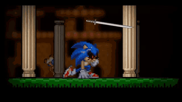 a pixel art of sonic the hedgehog holding a white sword