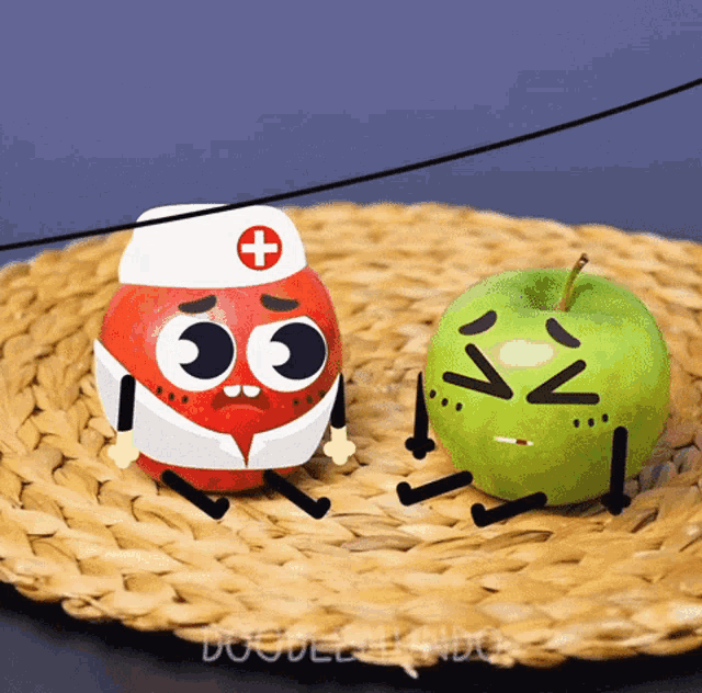 a cartoon drawing of a doctor and an apple on a wicker place mat