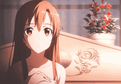 a naked anime girl is standing in front of a dresser with flowers in a pot