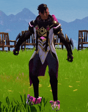 a man in a black and white outfit is standing in a grassy field