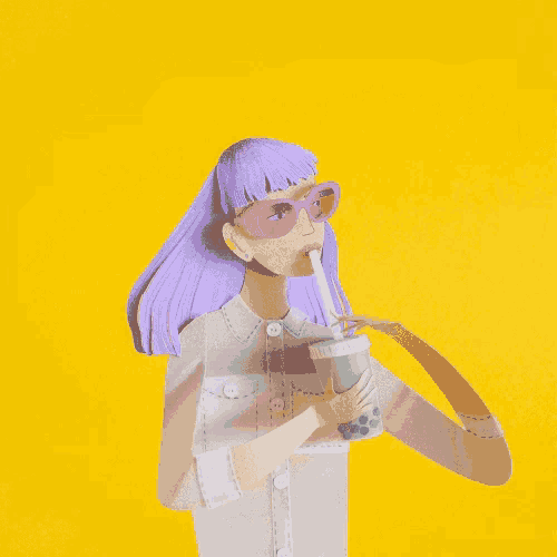 a girl with purple hair and pink sunglasses drinking a drink through a straw