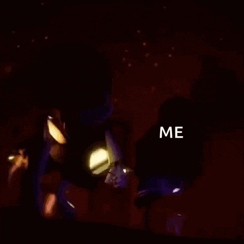 two cartoon characters are standing next to each other in a dark room with the words `` me '' written on the bottom .