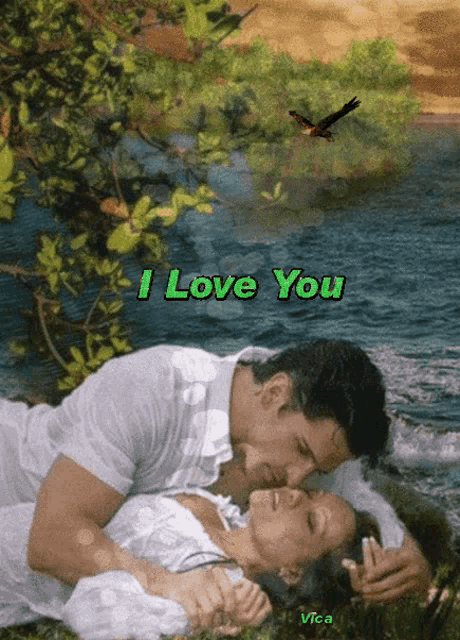 a picture of a man kissing a woman with the words " i love you " on the bottom