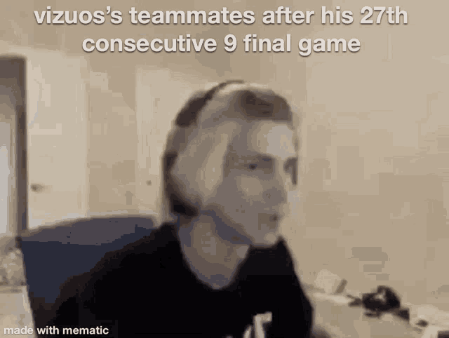 a video of a man sitting at a desk with the caption vizuos 's teammates after his 27th