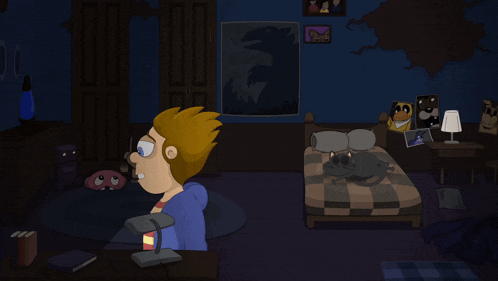 a cartoon of a boy sitting in a dark room with a microphone