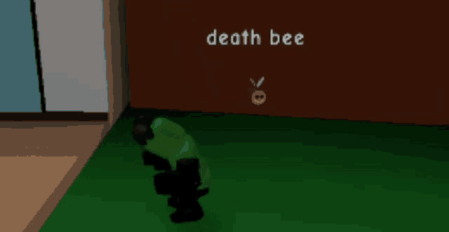 a cartoon character is standing in front of a wall with the words death bee written on it