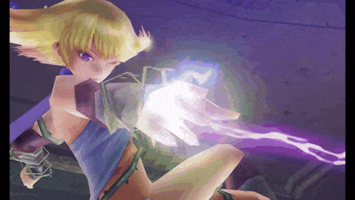 a girl with blonde hair and blue eyes is holding a purple object in her hand