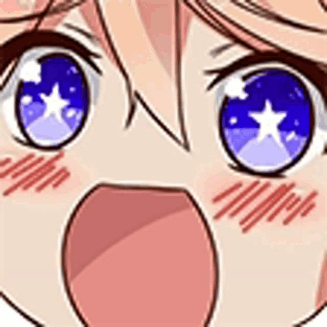 a close up of a cartoon girl 's face with blue eyes and a star in her eye .