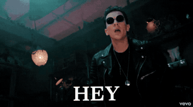 a man wearing sunglasses and a black leather jacket says " hey "