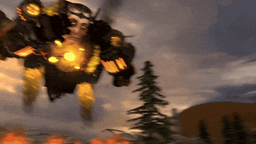 a blurred image of a robot flying through the air with trees in the background