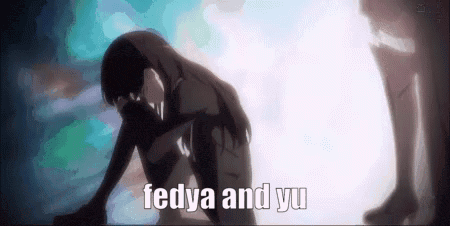 a man and a woman are kneeling down next to each other with the words fedya and yu .