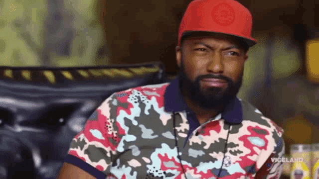 a man with a beard wearing a camouflage shirt and a red hat with the word viceland on it