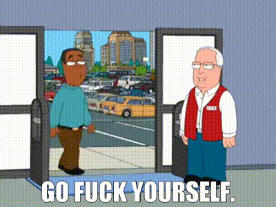 a cartoon of two men standing next to each other and the words go fuck yourself