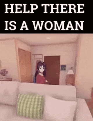 a poster that says help there is a woman with a picture of a girl on a couch