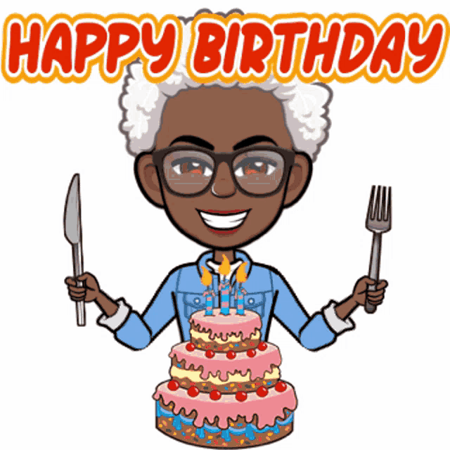 a cartoon of an elderly woman holding a knife and fork in front of a birthday cake that says happy birthday