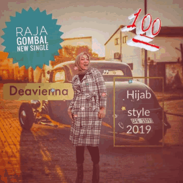 a woman in a hijab stands in front of a car that says raja gombal new single