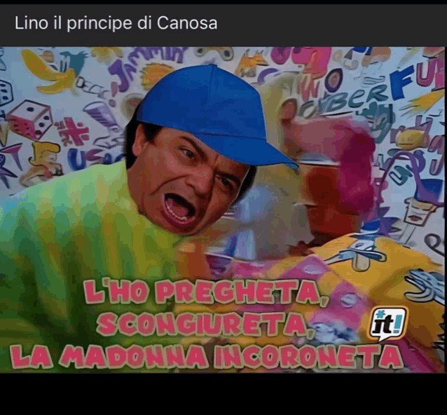 a cartoon of a man wearing a blue hat with lino il principe di canosa written below him