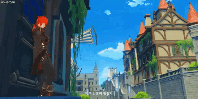 a man in a video game is standing in front of a building .