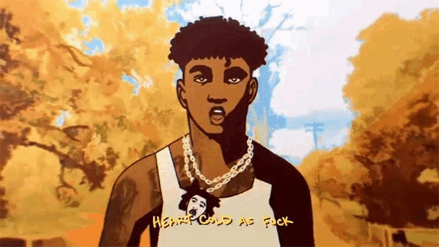 a cartoon of a man with the words " heavy cold as fuck " written on the bottom