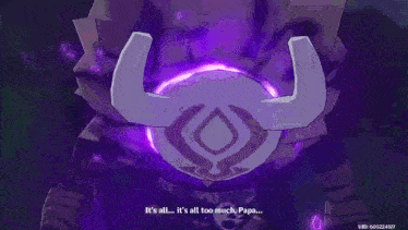 a video game character with horns and a purple background says it 's all it 's all too much , papa .