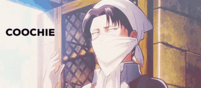 a man is wearing a bandana around his face and the word coochie is on the bottom