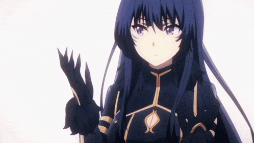 a girl with long blue hair and purple eyes is wearing a black outfit