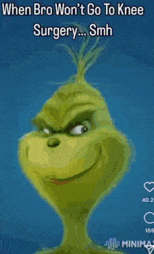 a grinch is wearing a santa suit and standing on a snowy hill .