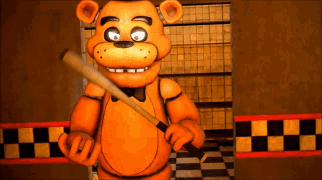an orange teddy bear holding a baseball bat in a room