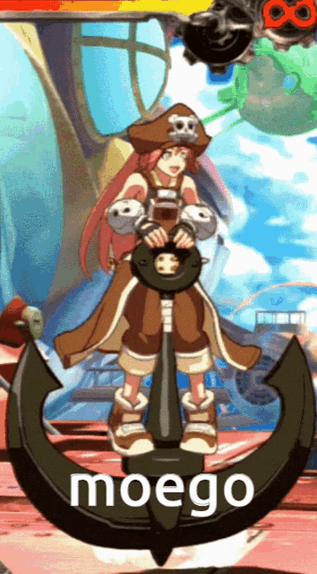 a girl in a pirate outfit is holding an anchor and the word moego is on the bottom