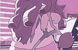 a cartoon of a woman with purple hair and a purple dress .