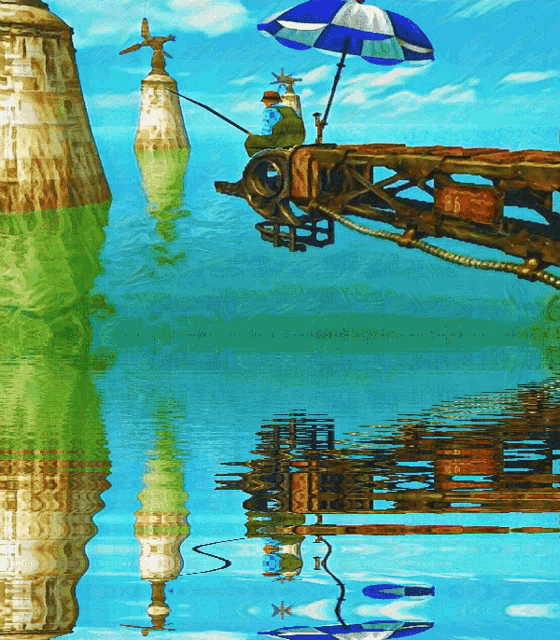 a painting of a man fishing on a dock with a blue and white umbrella