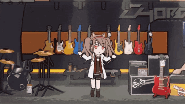 a girl in a lab coat stands in front of a wall of guitars and a sign that says zor