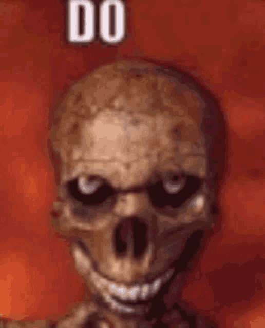 a close up of a skeleton with a red background and the words `` do '' written on it .