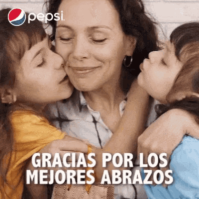 two little girls kissing a woman on the cheek with the words gracias por los mejores abrazos on the bottom