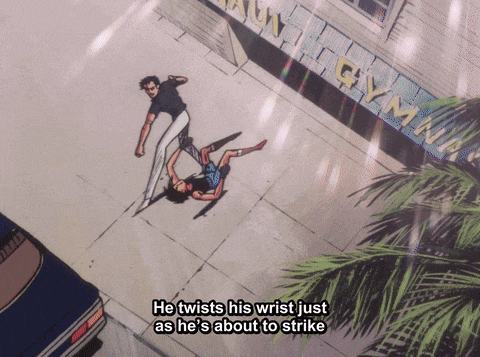 an aerial view of a gym with the words he twists his wrist just as he 's about to strike below