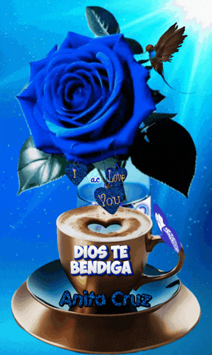 a cup of coffee with a blue rose and the words dios te bendiga on the bottom