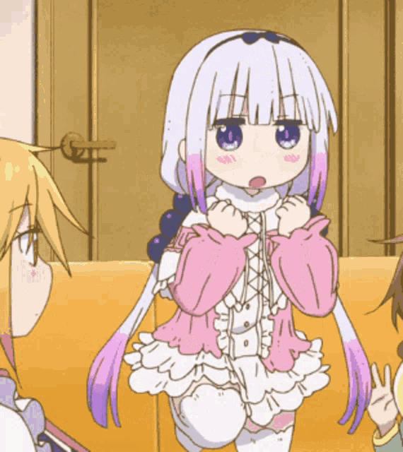 a girl in a pink and white dress with purple hair is standing next to two other girls