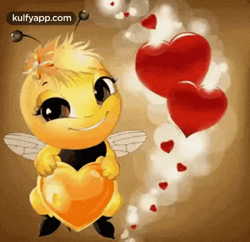 a cartoon bee is holding a heart and surrounded by red hearts .