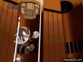 shadow the hedgehog from sonic the hedgehog is climbing up a ladder in a room .