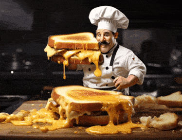 a chef is holding a grilled cheese sandwich on a wooden cutting board