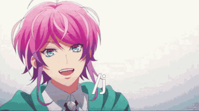 a girl with pink hair and blue eyes is smiling and wearing a green jacket and tie .