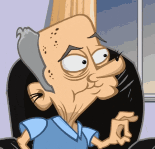 a cartoon drawing of an old man with gray hair and black eyebrows