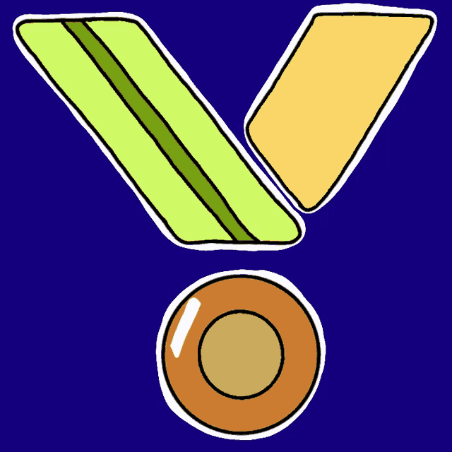 a cartoon drawing of a yellow and green ribbon with a brown circle in the middle