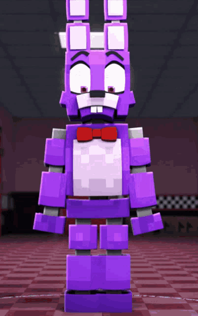 a purple bunny with a red bow tie is standing in a room