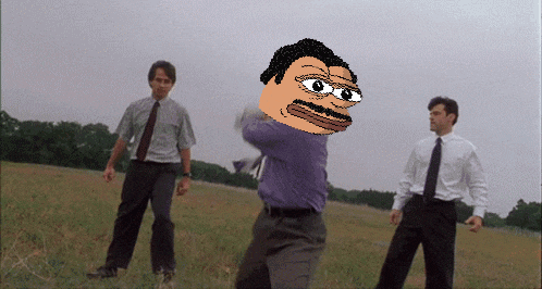 a cartoon of a man with a mustache and glasses is standing in a field with two other men