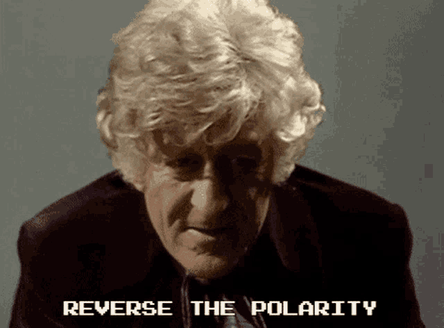 a man in a suit says " reverse the polarity " in pixel art