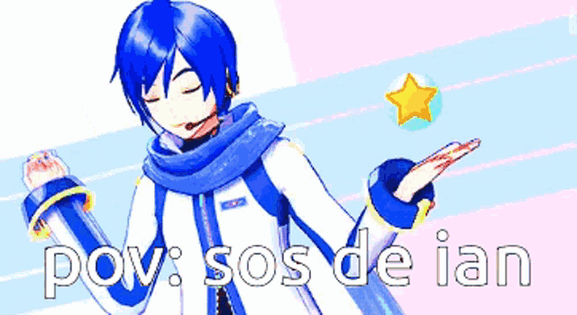 a boy with blue hair and a scarf is standing next to a star and the words pov sos de ian .